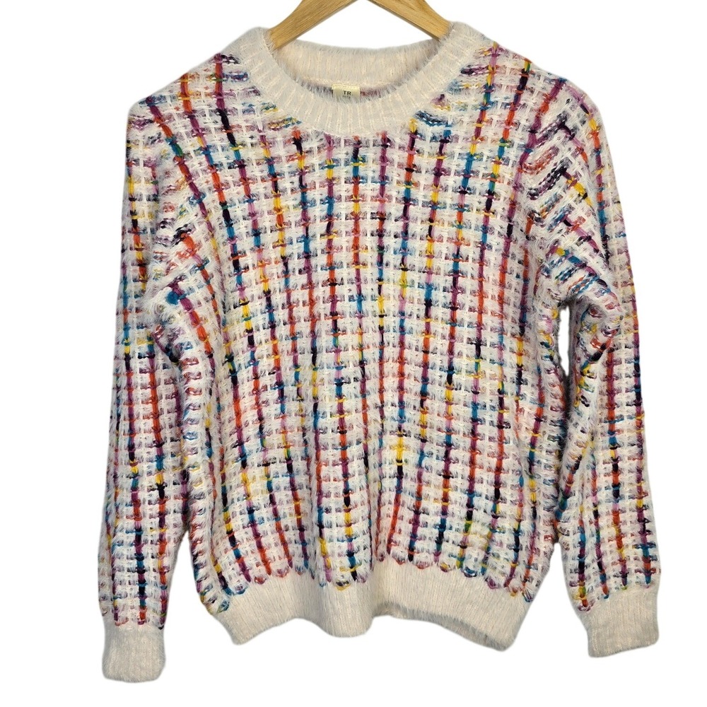 TR notes Womens S M Fuzzy Knit Multicolor Plaid Crewneck Sweater Acrylic‎